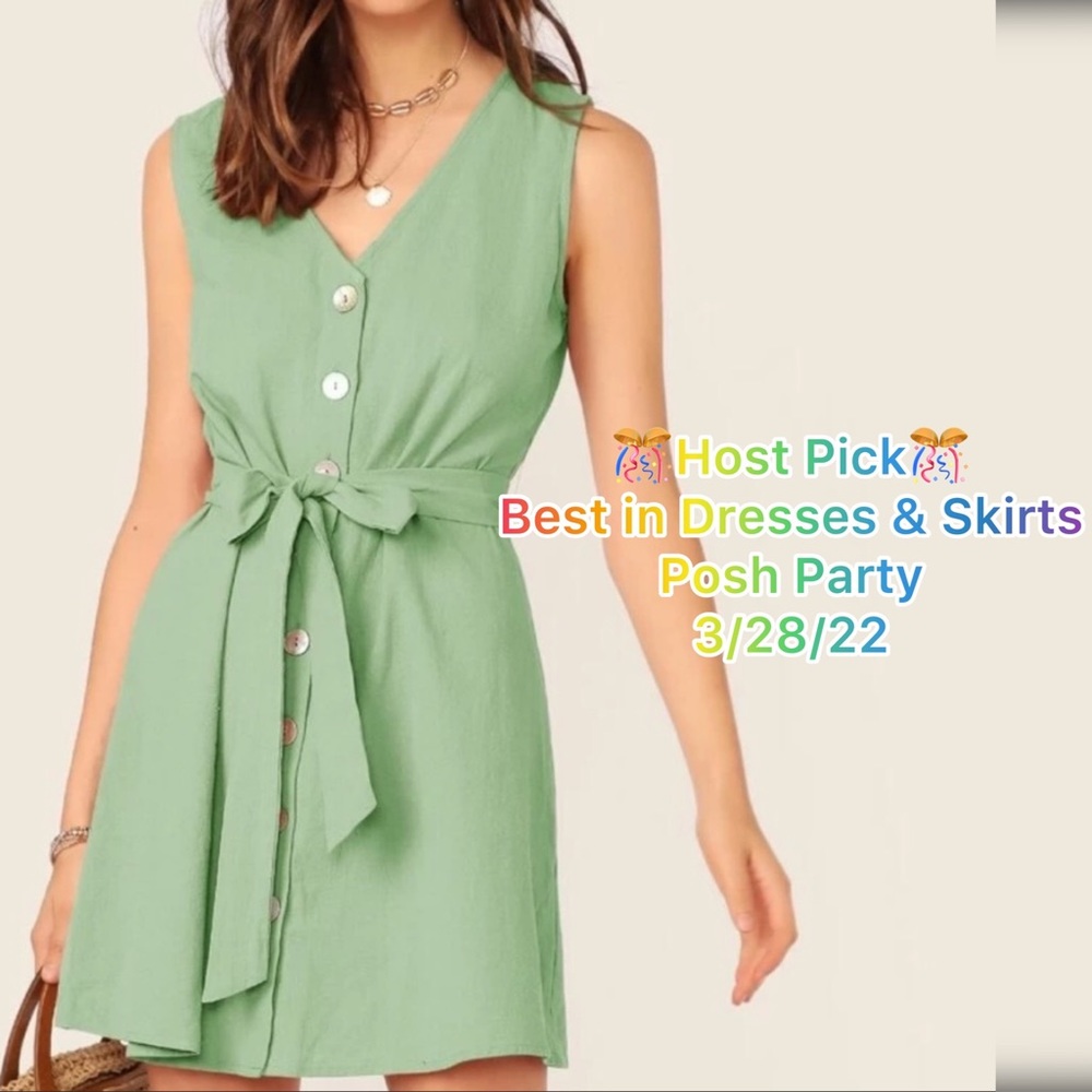 Plain Mint Green Button Front Belted Sleeveless D… - image 2